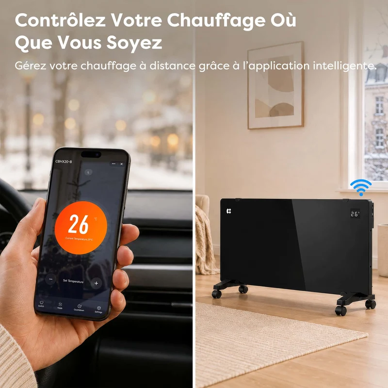 Ciarra Radiateur Convecteur Électrique WiFi 2000W – Chauffe Rapide, Sur Pieds/Mural, Noir | CBHX20-B