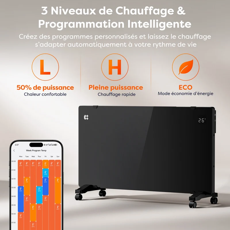 Ciarra Radiateur Convecteur Électrique WiFi 2000W – Chauffe Rapide, Sur Pieds/Mural, Noir | CBHX20-B