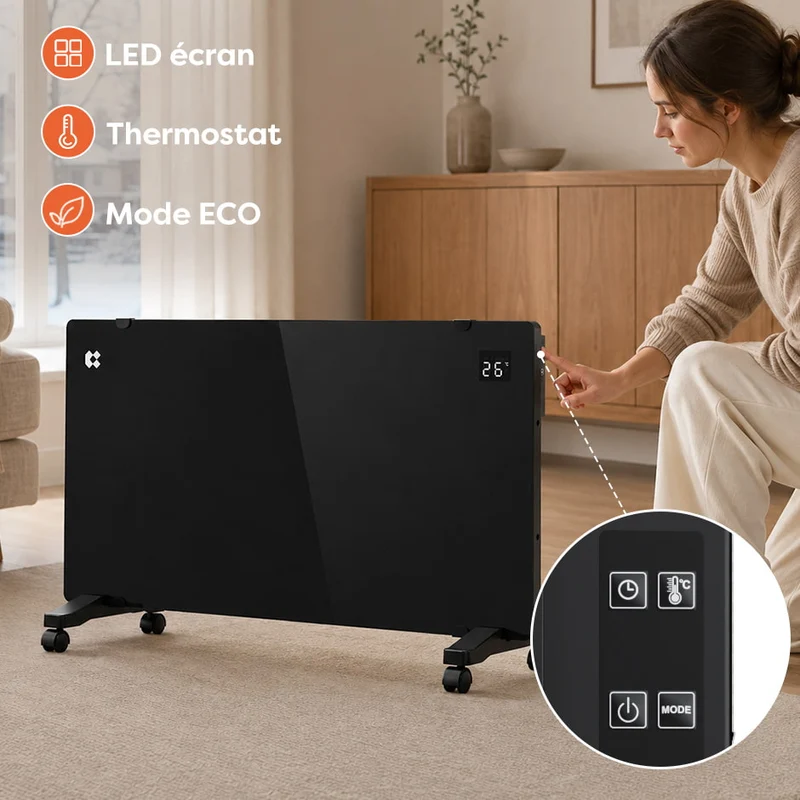 Ciarra Radiateur Convecteur Électrique WiFi 2000W – Chauffe Rapide, Sur Pieds/Mural, Noir | CBHX20-B