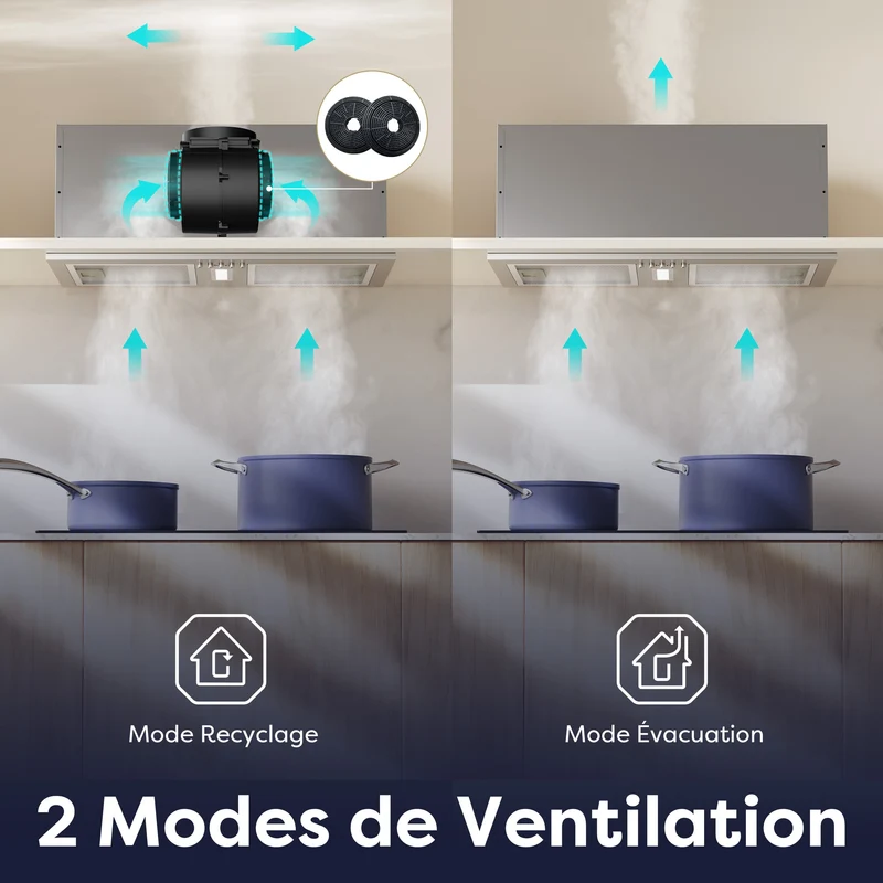 Ciarra Hotte Encastrable 52cm Inox, Recyclage avec Filtre à Charbon inclus, économe pour cuisine ouverte | CBCS5937A