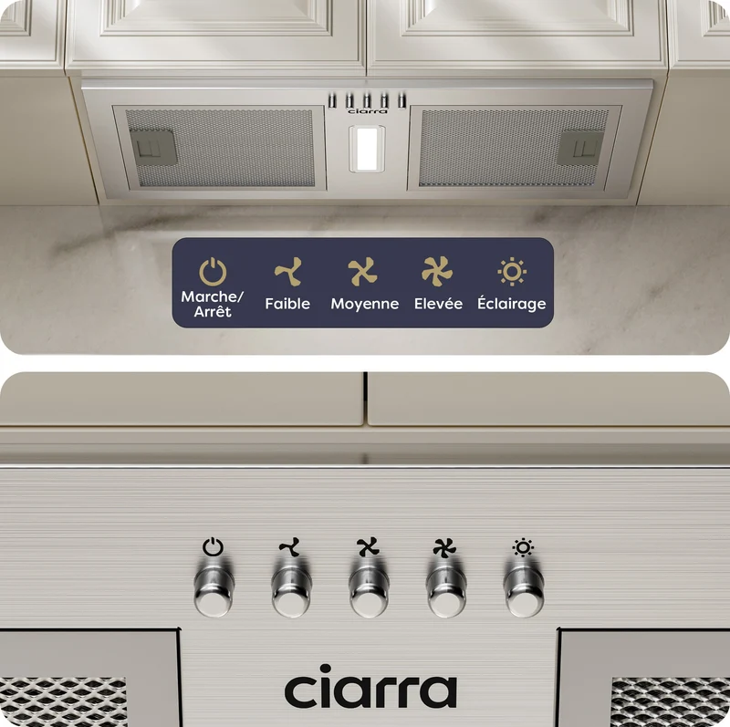 Ciarra Hotte Encastrable 52cm Inox, Recyclage avec Filtre à Charbon inclus, économe pour cuisine ouverte | CBCS5937A