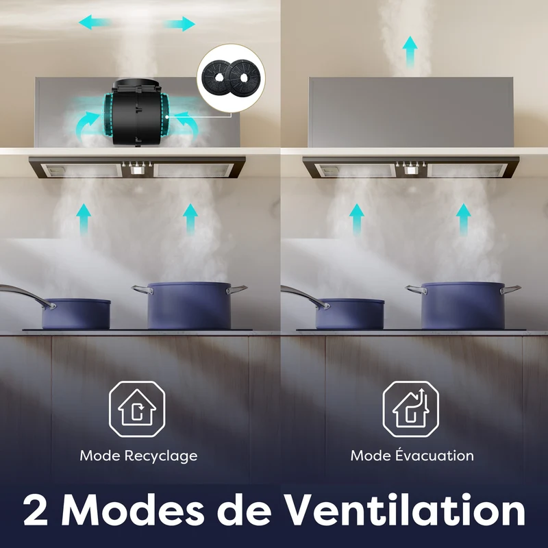 Ciarra Hotte Encastrable Noire 52cm, Économe en énergie, Recyclage avec Filtre à Charbon Inclus & Évacuation, pour petites cuisines | CBCB5937A