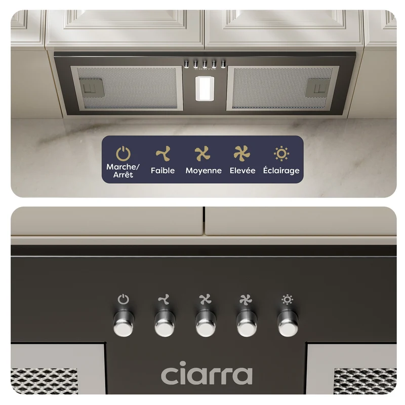 Ciarra Hotte Encastrable Noire 52cm, Économe en énergie, Recyclage avec Filtre à Charbon Inclus & Évacuation, pour petites cuisines | CBCB5937A