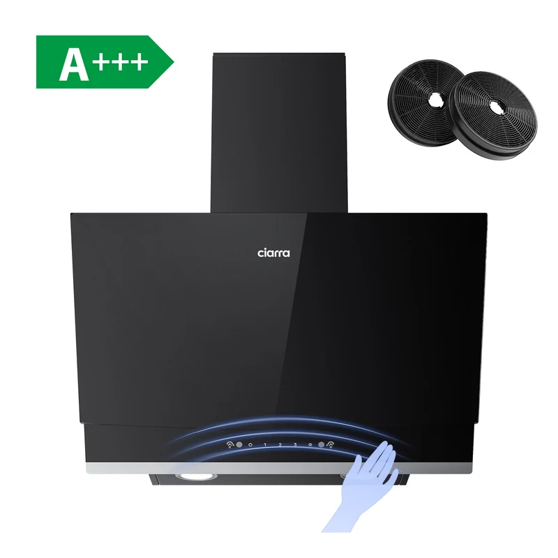 Ciarra Hotte Aspirante Inclinée 60cm, Verre Noir, Aspiration Puissante 710m³/h, A+++, Recyclage/Évacuation, Commande Gestuelle & Tactile - Idéale pour Cuisine Ouverte | CBCB6736A