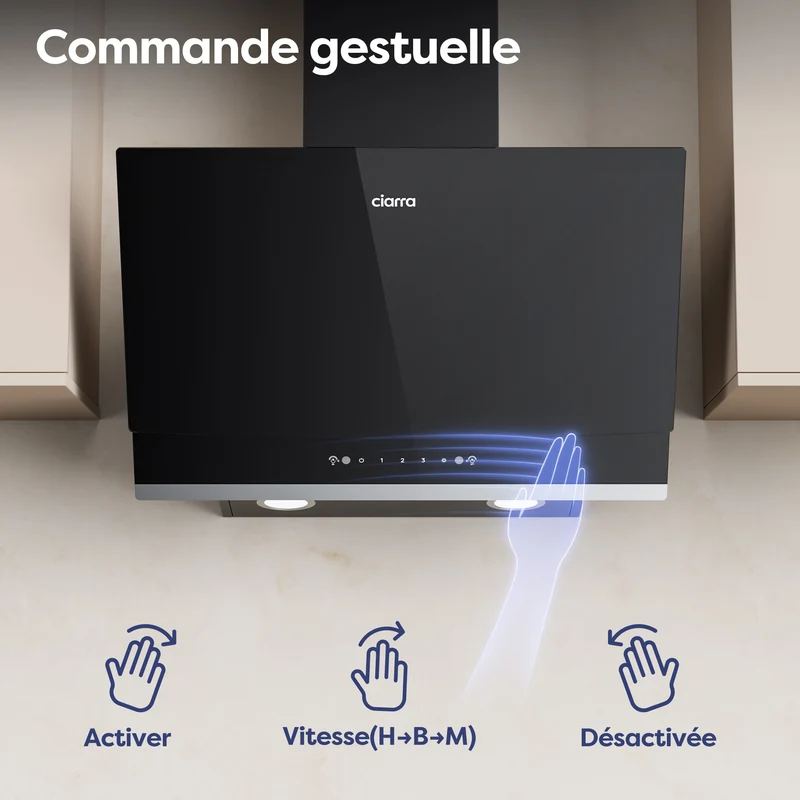 Ciarra Hotte Aspirante Inclinée 60cm, Verre Noir, Aspiration Puissante 710m³/h, A+++, Recyclage/Évacuation, Commande Gestuelle & Tactile - Idéale pour Cuisine Ouverte | CBCB6736A