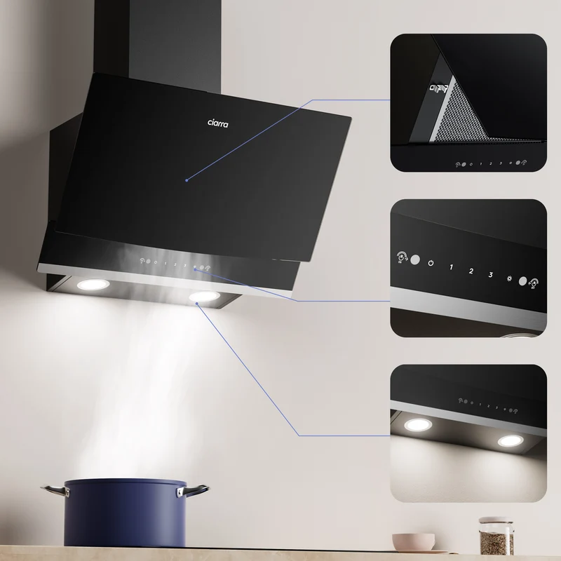 Ciarra Hotte Aspirante Inclinée 60cm, Verre Noir, Aspiration Puissante 710m³/h, A+++, Recyclage/Évacuation, Commande Gestuelle & Tactile - Idéale pour Cuisine Ouverte | CBCB6736A