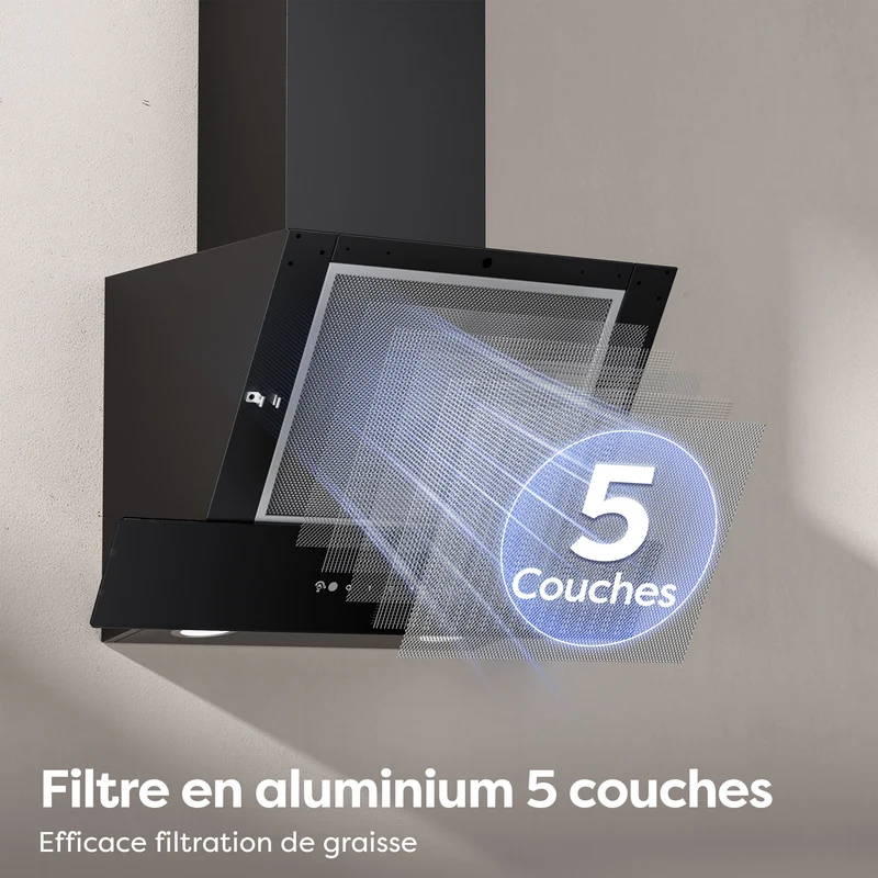 Ciarra Hotte Aspirante Inclinée 60cm, Verre Noir, Aspiration Puissante 710m³/h, A+++, Recyclage/Évacuation, Commande Gestuelle & Tactile - Idéale pour Cuisine Ouverte | CBCB6736A