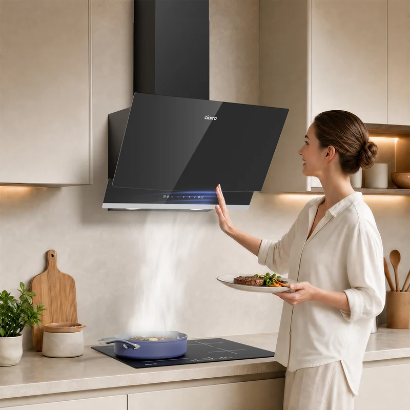 Ciarra Hotte Aspirante Inclinée 60cm, Verre Noir, Aspiration Puissante 710m³/h, A+++, Recyclage/Évacuation, Commande Gestuelle & Tactile - Idéale pour Cuisine Ouverte | CBCB6736A