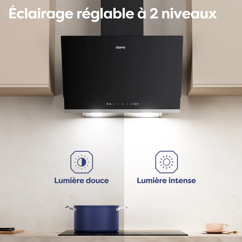 Ciarra Hotte Aspirante Inclinée 60cm, Verre Noir, Aspiration Puissante 710m³/h, A+++, Recyclage/Évacuation, Commande Gestuelle & Tactile - Idéale pour Cuisine Ouverte | CBCB6736A
