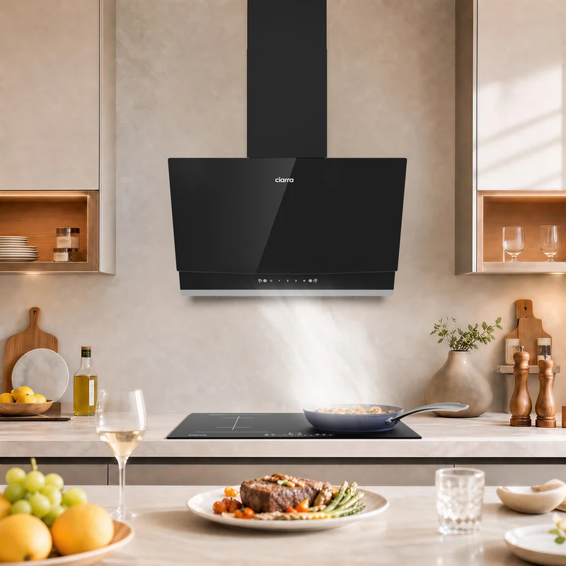 Ciarra Hotte Aspirante Inclinée 60cm, Verre Noir, Aspiration Puissante 710m³/h, A+++, Recyclage/Évacuation, Commande Gestuelle & Tactile - Idéale pour Cuisine Ouverte | CBCB6736A