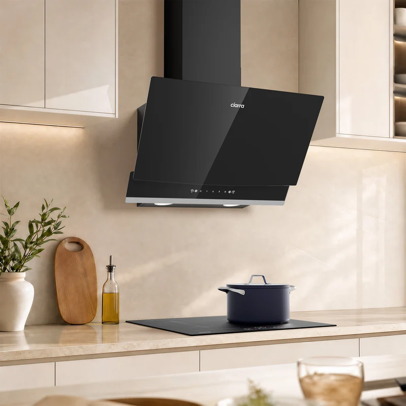 Ciarra Hotte Aspirante Inclinée 60cm, Verre Noir, Aspiration Puissante 710m³/h, A+++, Recyclage/Évacuation, Commande Gestuelle & Tactile - Idéale pour Cuisine Ouverte | CBCB6736A