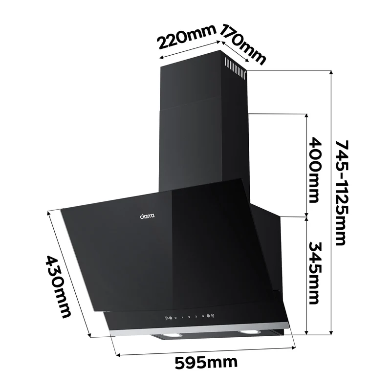 Ciarra Hotte Aspirante Inclinée 60cm, Verre Noir, Aspiration Puissante 710m³/h, A+++, Recyclage/Évacuation, Commande Gestuelle & Tactile - Idéale pour Cuisine Ouverte | CBCB6736A