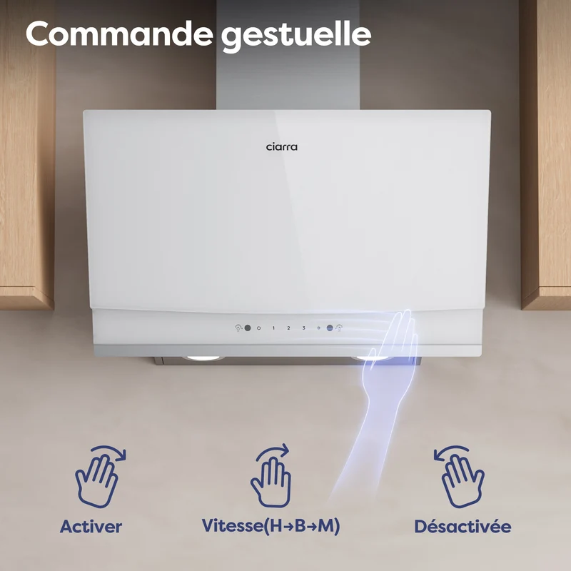 Ciarra Hotte Aspirante Inclinée 60cm, Puissance d'aspiration 710m³/h, A+++, Recyclage/Évacuation, Commande Gestuelle & Tactile - Idéale pour Cuisine Ouverte | CBCW6736A