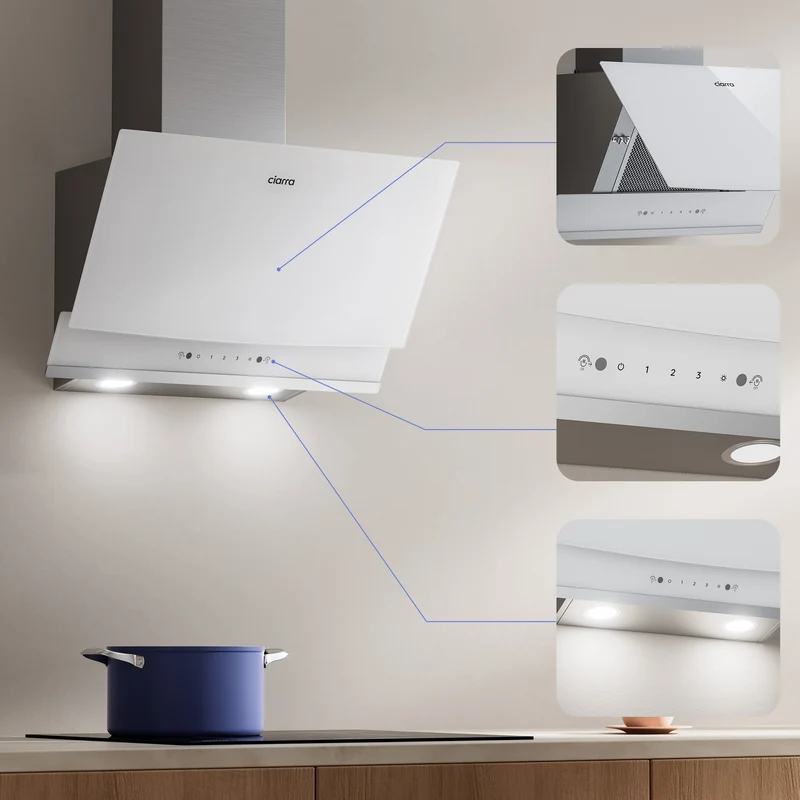 Ciarra Hotte Aspirante Inclinée 60cm, Puissance d'aspiration 710m³/h, A+++, Recyclage/Évacuation, Commande Gestuelle & Tactile - Idéale pour Cuisine Ouverte | CBCW6736A