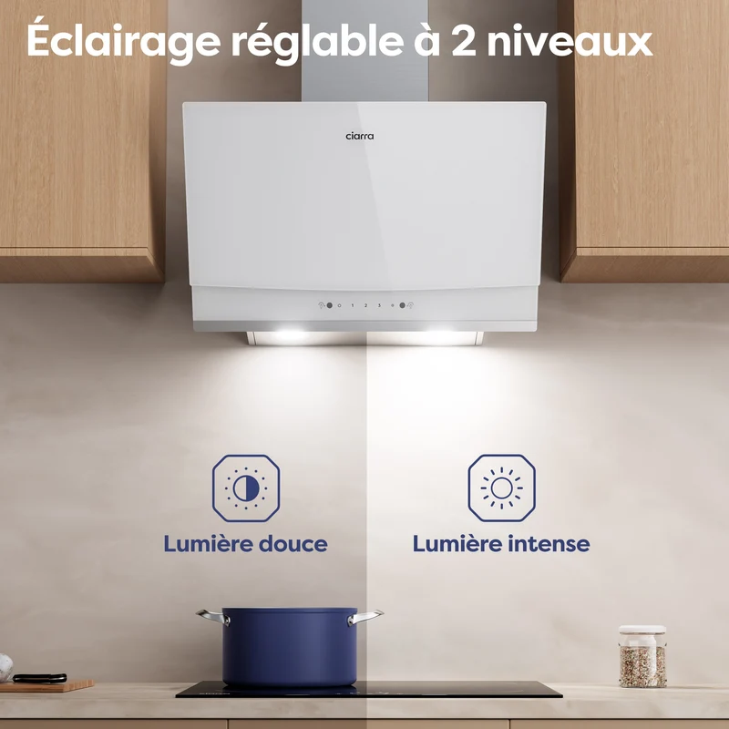Ciarra Hotte Aspirante Inclinée 60cm, Puissance d'aspiration 710m³/h, A+++, Recyclage/Évacuation, Commande Gestuelle & Tactile - Idéale pour Cuisine Ouverte | CBCW6736A