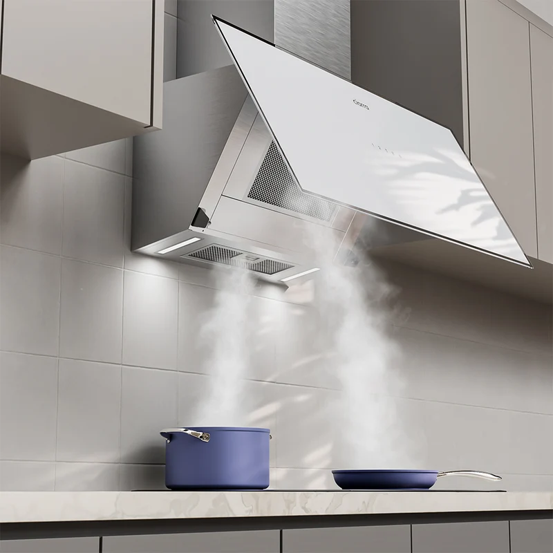 Ciarra Hotte Inclinée 90cm – A+++, Double Mode Recyclage/Évacuation, Verre Blanc & Inox, Connectée | CBCW9763A