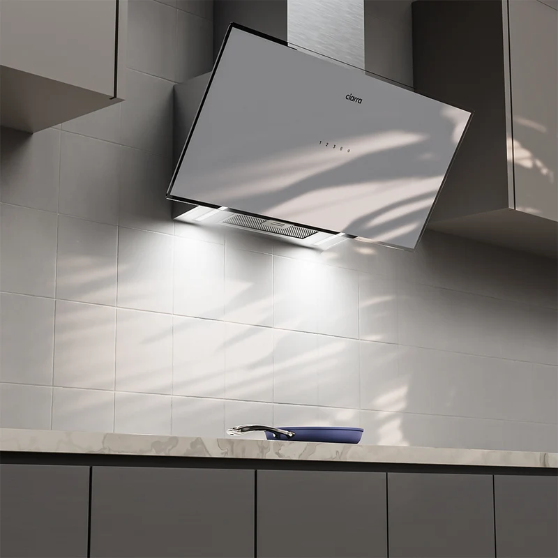 Ciarra Hotte Inclinée 90cm – A+++, Double Mode Recyclage/Évacuation, Verre Blanc & Inox, Connectée | CBCW9763A