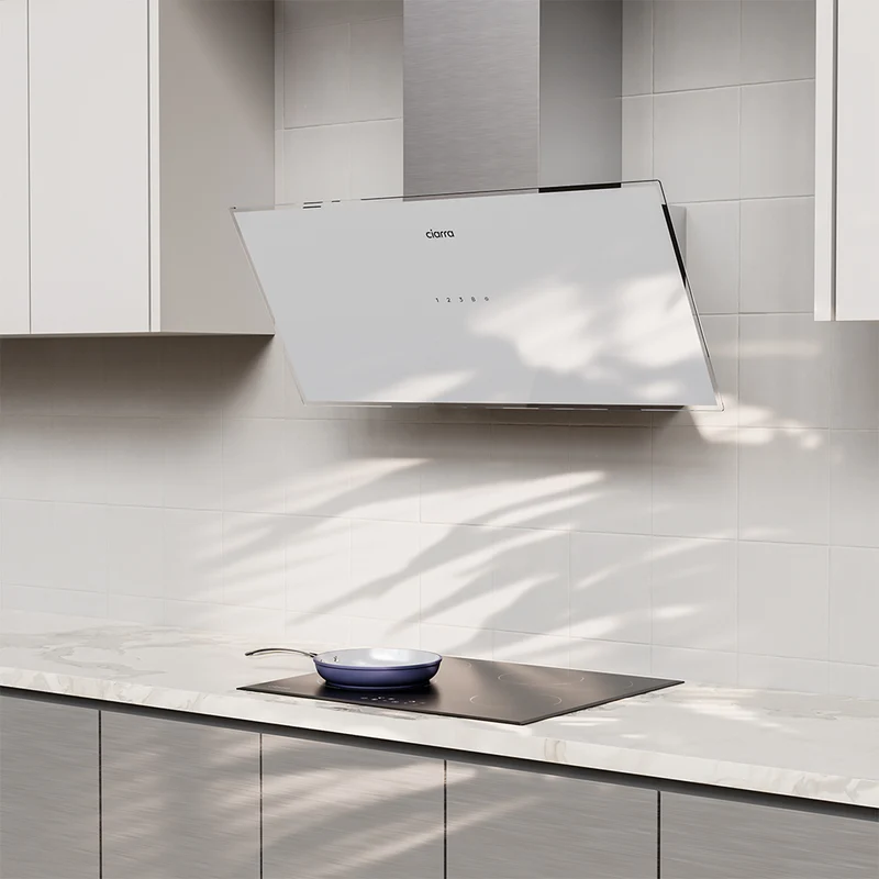 Ciarra Hotte Inclinée 90cm – A+++, Double Mode Recyclage/Évacuation, Verre Blanc & Inox, Connectée | CBCW9763A
