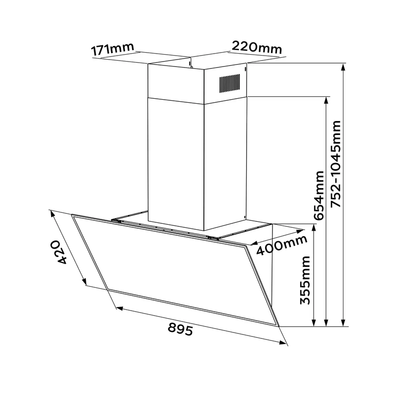 Ciarra Hotte Aspirante Inclinée 90cm – 698 m³/h, A+++, Wi-Fi & App, 4 vitesses, Mode recyclage ou évacuation | CBCB9763A