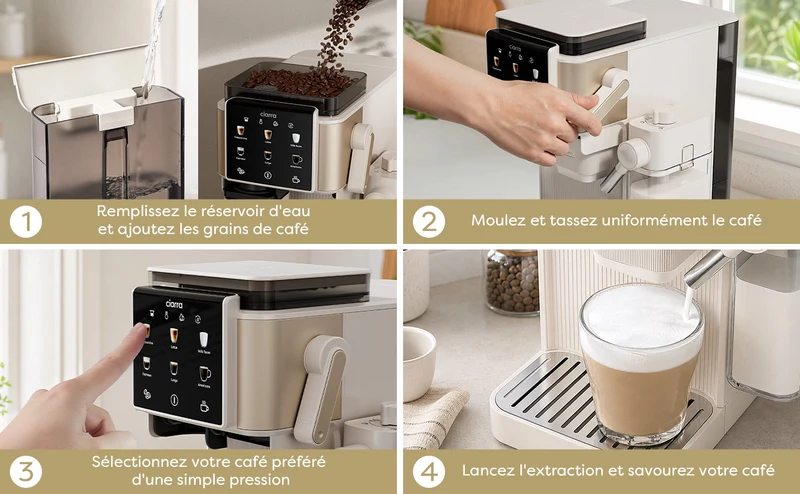 Ciarra Machine Expresso Semi-Automatique avec Broyeur Intégré et Mousseur à Lait Automatique – Écran Tactile 8 Fonctions, pour Espresso, Latte et Cappuccino | CBSACM-D6