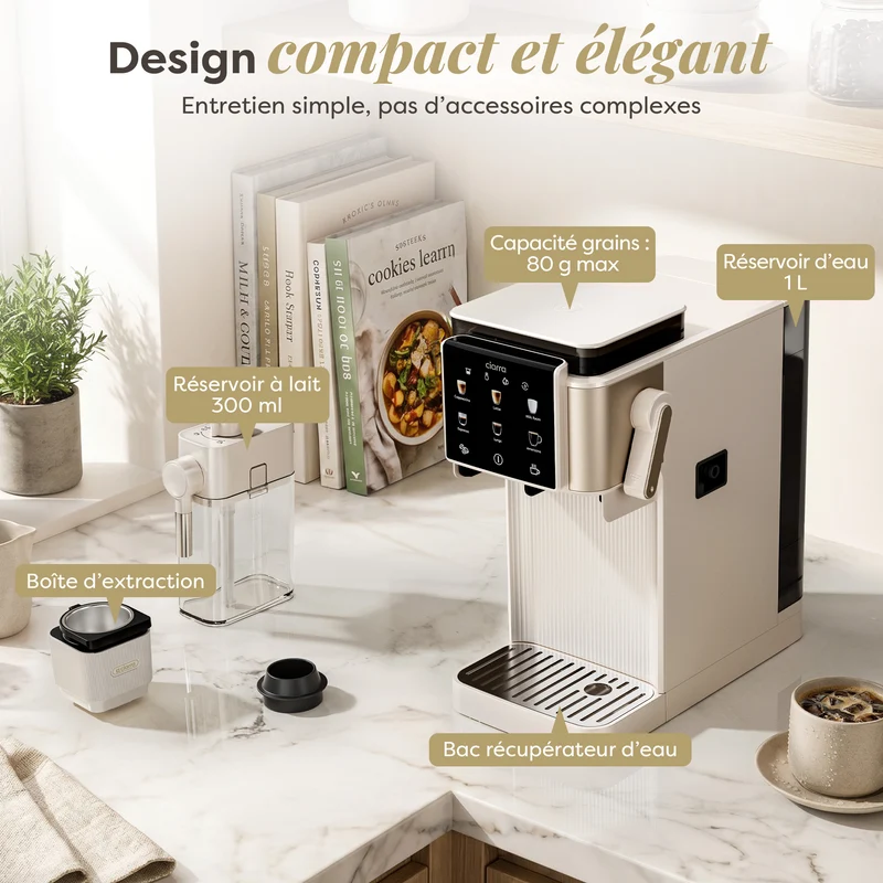 Ciarra Machine Expresso Semi-Automatique avec Broyeur Intégré et Mousseur à Lait Automatique – Écran Tactile 8 Fonctions, pour Espresso, Latte et Cappuccino | CBSACM-D6