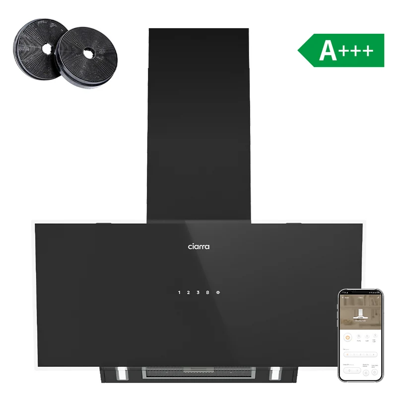 Ciarra Hotte Aspirante Inclinée 90cm – 698 m³/h, A+++, Wi-Fi & App, 4 vitesses, Mode recyclage ou évacuation | CBCB9763A