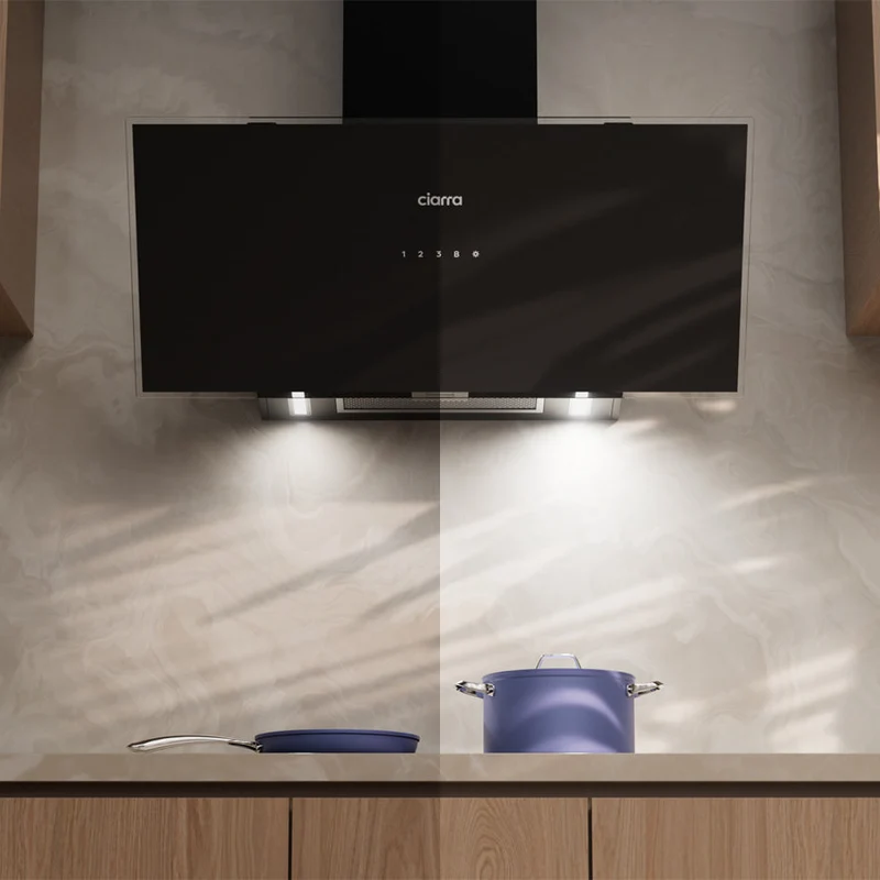 Ciarra Hotte Aspirante Inclinée 90cm – 698 m³/h, A+++, Wi-Fi & App, 4 vitesses, Mode recyclage ou évacuation | CBCB9763A