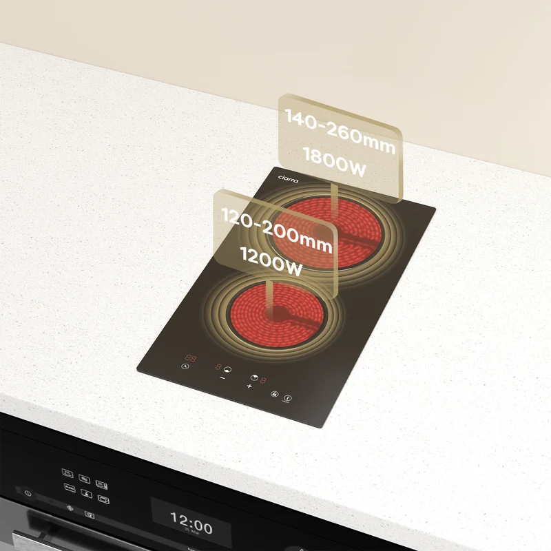 Ciarra Plaque de cuisson vitrocéramique encastrable 29cm avec 2 zones, commande tactile, sécurité enfant, 3000W | CRGDBCH302T