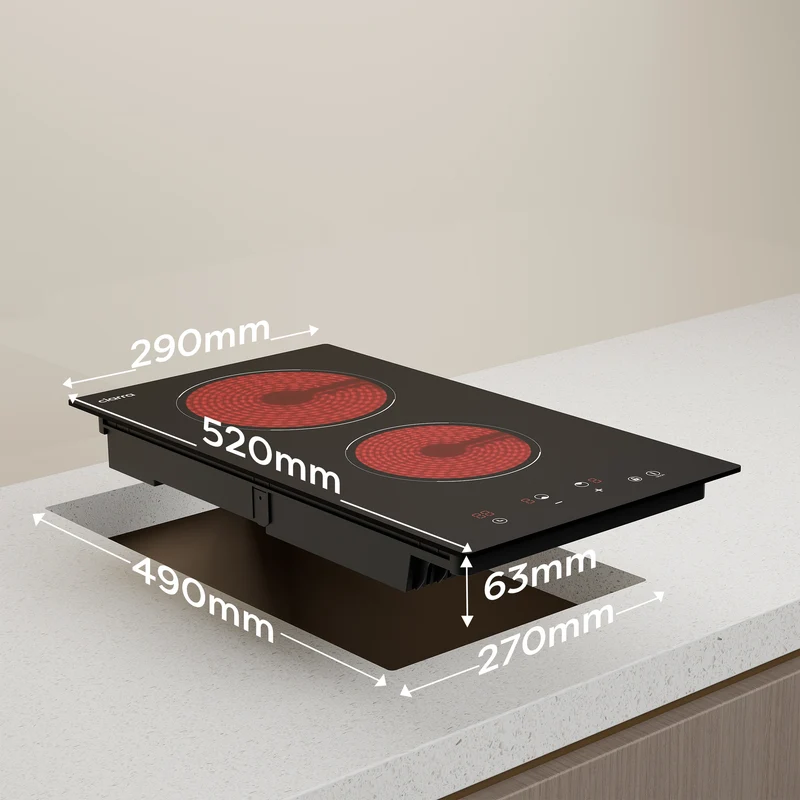 Ciarra Plaque de cuisson vitrocéramique encastrable 29cm avec 2 zones, commande tactile, sécurité enfant, 3000W | CRGDBCH302T