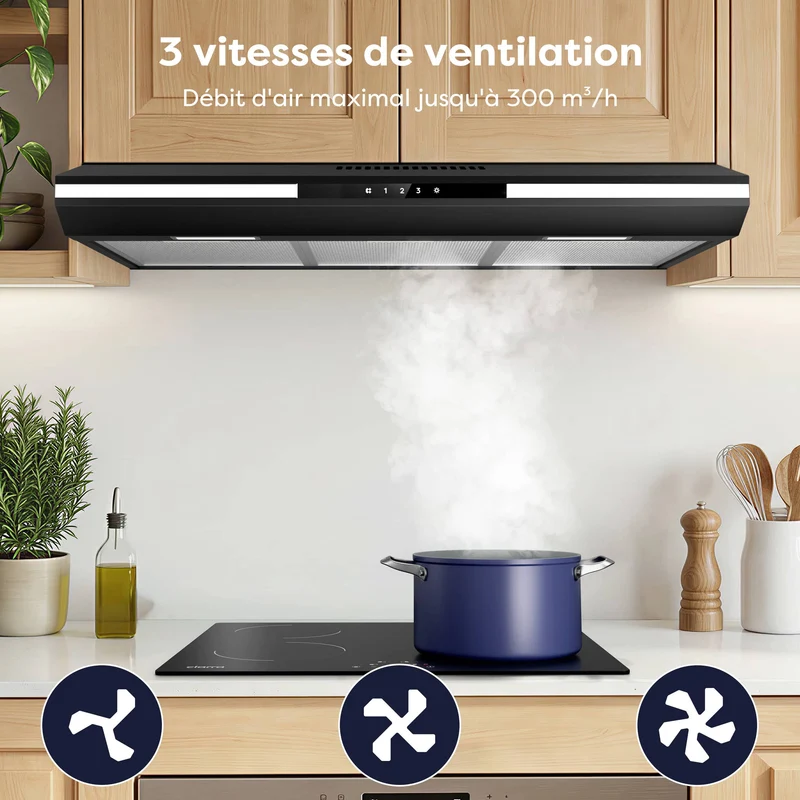 Ciarra Hotte Encastrable Hotte Aspirante Sous Meuble 90cm, 3 Vitesses, Commande Tactile, Mode Extraction ou Recyclage | CBCB90921