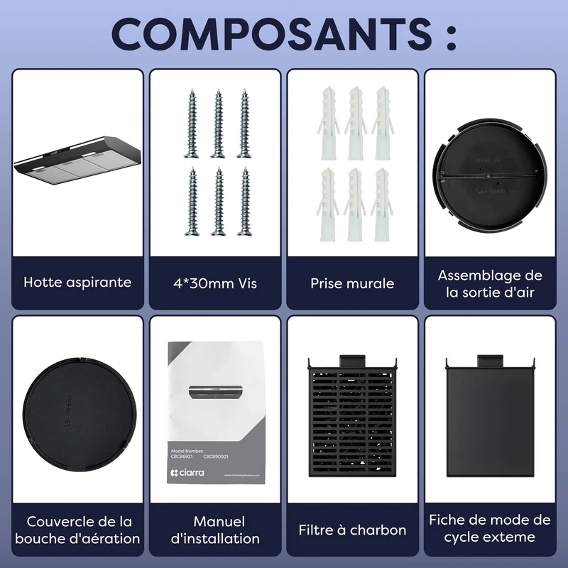 Ciarra Hotte Encastrable Hotte Aspirante Sous Meuble 90cm, 3 Vitesses, Commande Tactile, Mode Extraction ou Recyclage | CBCB90921