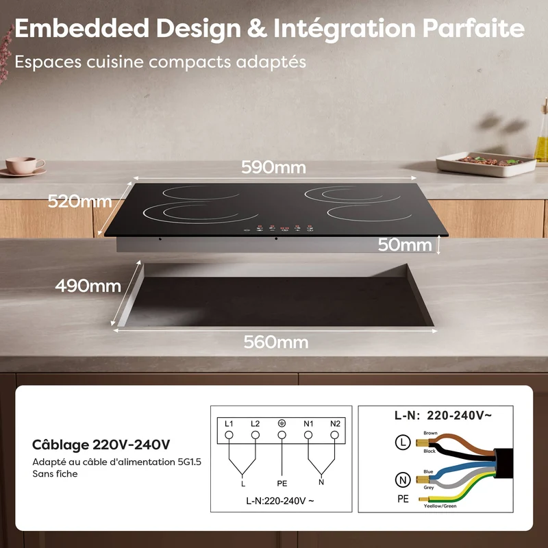 Ciarra x CDV 6600W Encastrable Plaque Vitrocéramique, 4 Foyers à 2 Double Anneau, CDVER66BB-OW