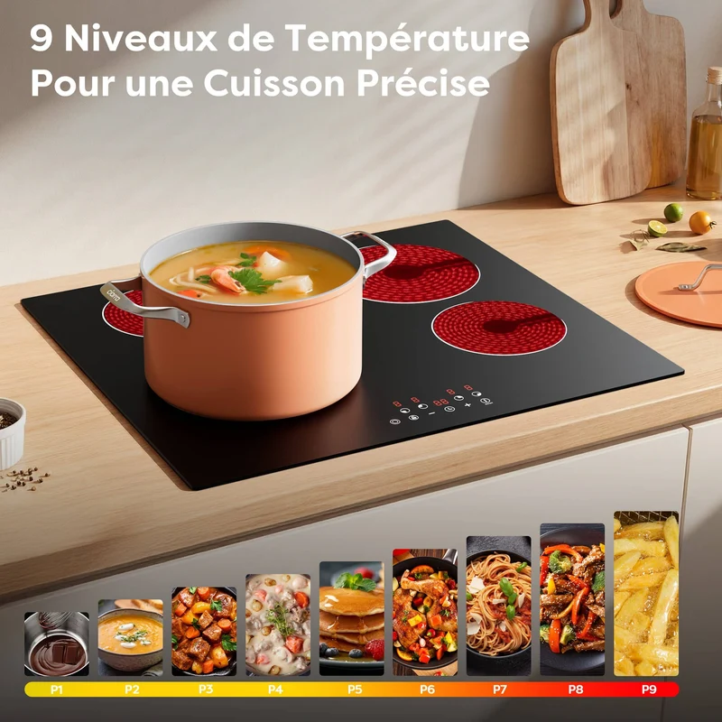 Ciarra x CDV 6400W Encastrable Plaque Vitrocéramique, Anneaux doubles, 4 Foyers, 9 Niveaux de Puissance, Minuteur, CDVER64B-OW