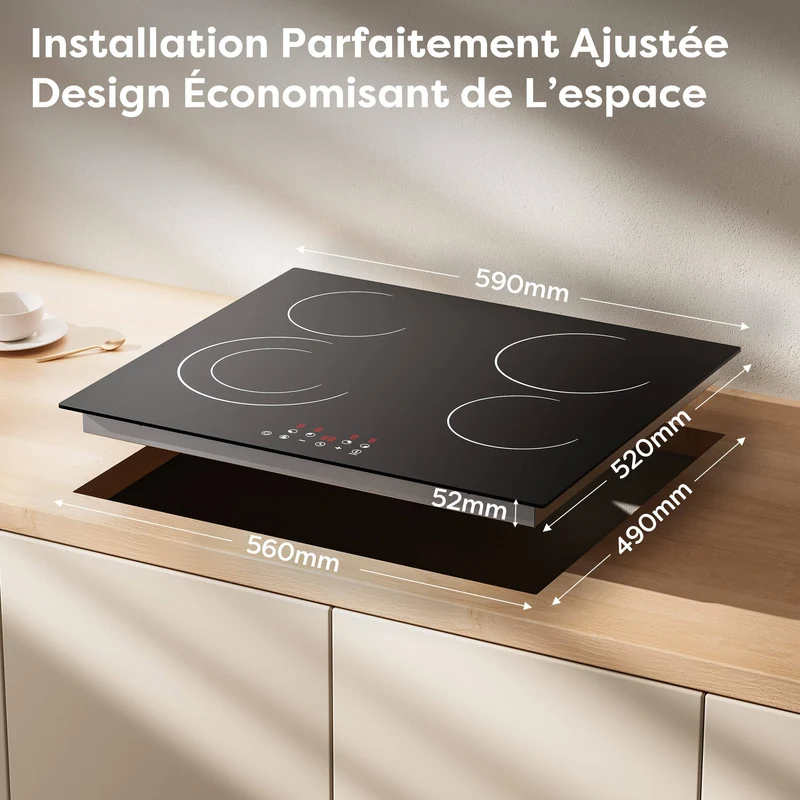 Ciarra x CDV 6400W Encastrable Plaque Vitrocéramique, Anneaux doubles, 4 Foyers, 9 Niveaux de Puissance, Minuteur, CDVER64B-OW