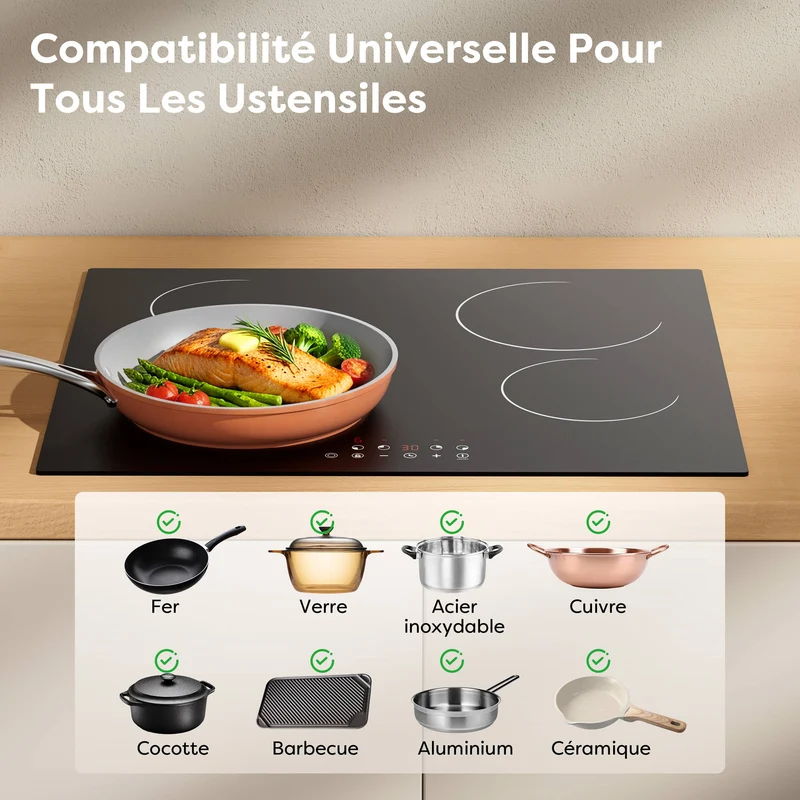 Ciarra x CDV 6400W Encastrable Plaque Vitrocéramique, Anneaux doubles, 4 Foyers, 9 Niveaux de Puissance, Minuteur, CDVER64B-OW