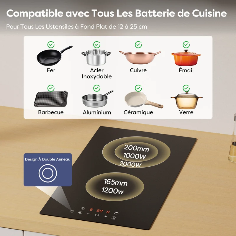 Ciarra x CDV 3200W Encastrable Plaque Vitrocéramique, Anneaux doubles, 2 Foyers, CDVER322-OW