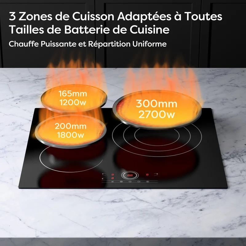 Ciarra x CDV 5700W Plaque Vitrocéramique Encastrable 3 Feux, Verrou de Sécurité, Pour tous Types de Casseroles, CDVER573-OW