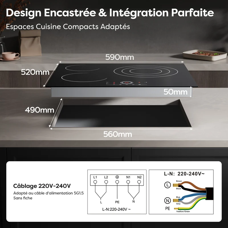 Ciarra x CDV 5700W Plaque Vitrocéramique Encastrable 3 Feux, Verrou de Sécurité, Pour tous Types de Casseroles, CDVER573-OW