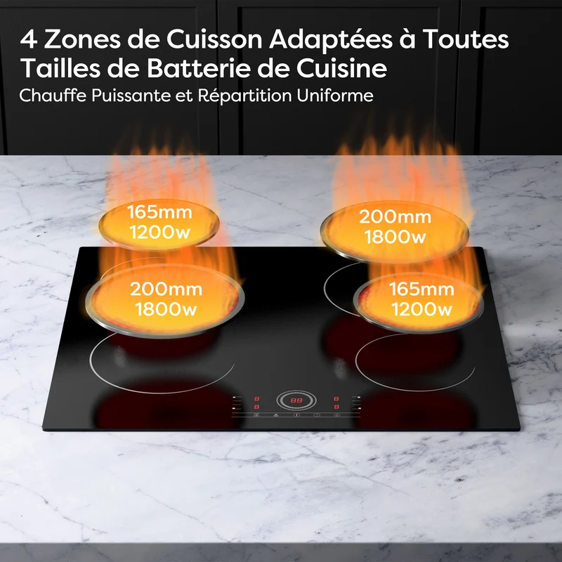Ciarra x CDV 6000W Plaque Vitrocéramique Encastrable 4 Feux, Verrou de Sécurité, Pour tous Types de Casseroles, CDVER604-OW
