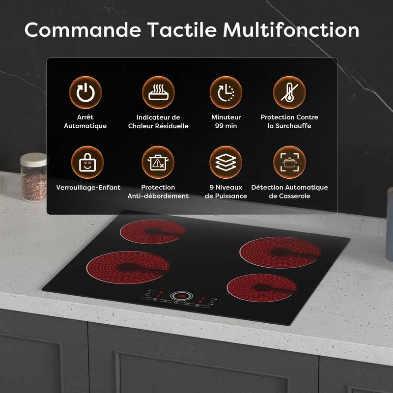 Ciarra x CDV 6000W Plaque Vitrocéramique Encastrable 4 Feux, Verrou de Sécurité, Pour tous Types de Casseroles, CDVER604-OW