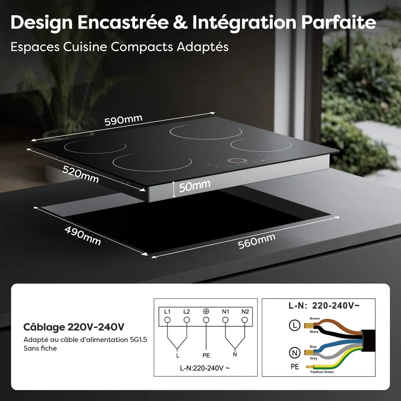 Ciarra x CDV 6000W Plaque Vitrocéramique Encastrable 4 Feux, Verrou de Sécurité, Pour tous Types de Casseroles, CDVER604-OW