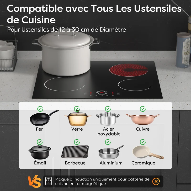 Ciarra x CDV 6000W Plaque Vitrocéramique Encastrable 4 Feux, Verrou de Sécurité, Pour tous Types de Casseroles, CDVER604-OW