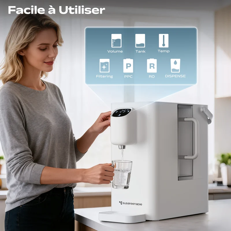 Ciarra x Susgreenable Distributeur d'Eau RO 4-en-1 sur Comptoir – Eau Chaude Instantanée en 3s, Sans Installation, Filtres inclus, Efficacité Hydrique 3:1 | SGIWDR04-W