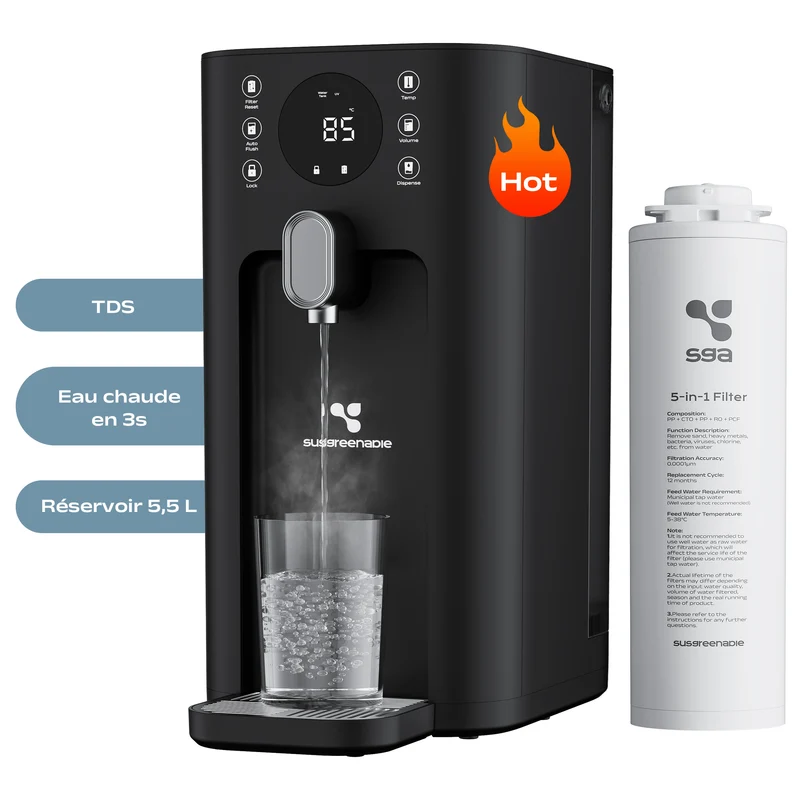 Ciarra x Susgreenable Distributeur d'Eau Chaude Osmoseur 5-en-1 – Purificateur d'Eau à Osmose Inverse de Comptoir, Chaude Instantanée en 3s, Sans Installation, Filtres inclus, Réservoir 5,5L, Adapté à l'Eau Calcaire, Efficacité 2:1 | SGIWDR03-B
