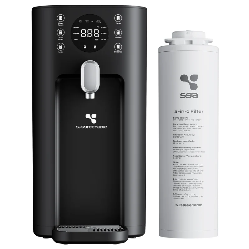 Ciarra x Susgreenable Distributeur d'Eau Chaude Osmoseur 5-en-1 – Purificateur d'Eau à Osmose Inverse de Comptoir, Chaude Instantanée en 3s, Sans Installation, Filtres inclus, Réservoir 5,5L, Adapté à l'Eau Calcaire, Efficacité 2:1 | SGIWDR03-B