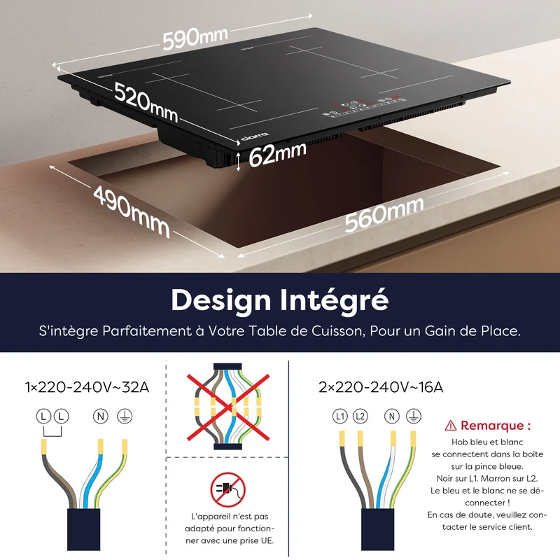 Ciarra Plaque à Induction 7200W 2 Flex Zones Function Boosters CBBIH4BFF-OW