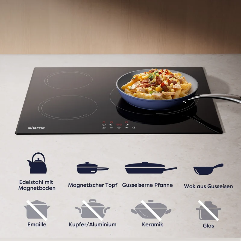 Ciarra Set Compact 60cm : Hotte Encastrée + Plaque à Induction 3 Zones