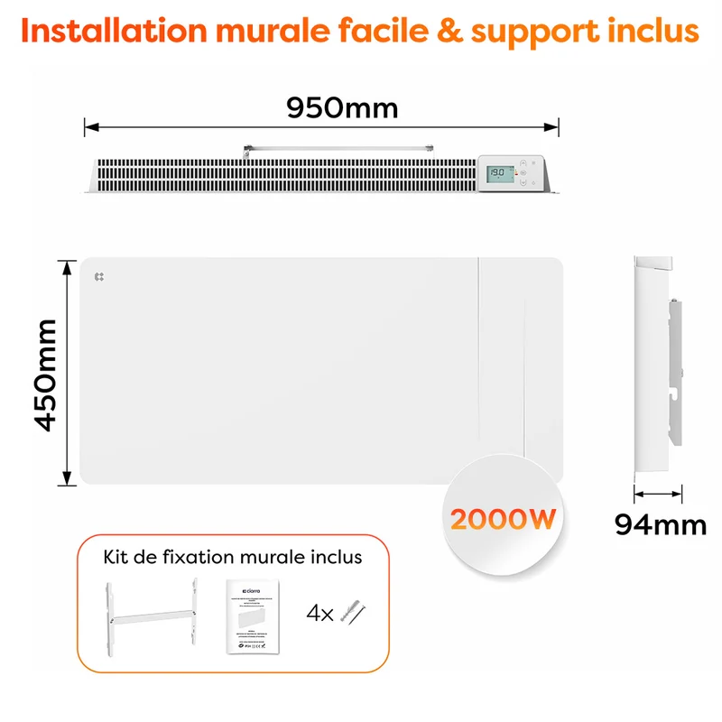 Ciarra Radiateur Électrique Connecté WiFi 1000W-2000W – Inertie Sèche Céramique & Film Aluminium, Économique