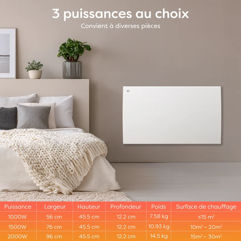 Ciarra Radiateur à inertie céramique 1000W-2000W | Chauffage électrique mural silencieux avec panneau digital