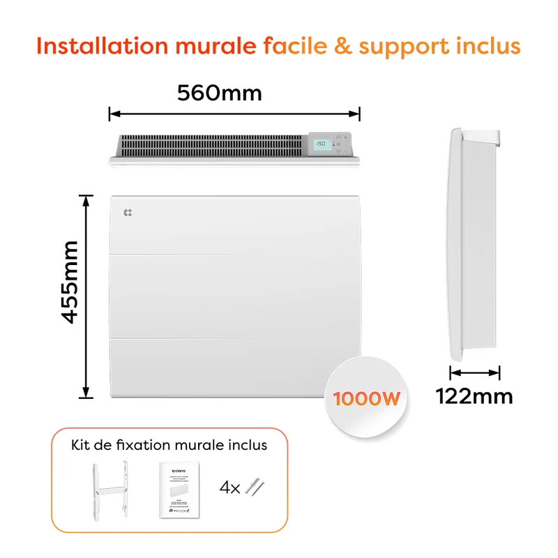 Ciarra Radiateur à inertie céramique 1000W-2000W | Chauffage électrique mural silencieux avec panneau digital